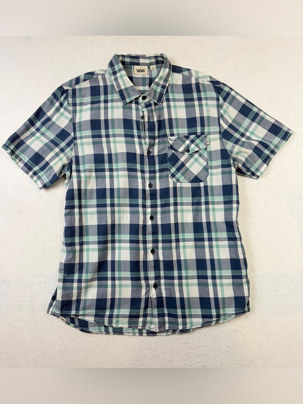 Vans Shirt Mens Large Green Plaid Short Sleeve Pocket Button Up Beach Skate
